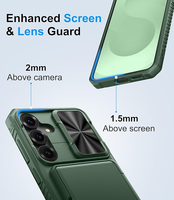 Multifuncional Case for Samsung Galaxy S25+ Plus, Card Holder (4-5 Cards), RFID Block, Slide Lens Cover & Military Drop Protection, Heavy Duty Men Women Wallet Case for Samsung S25+ Plus, Green