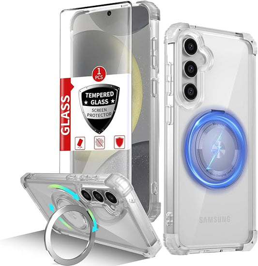 for Samsung Galaxy S24 Case Compatible Wireless Charging Magnetic,with Screen Protector,for S24Phone Case Built-in 360°Kickstand Ring Military Grade Drop Shockproof Heavy Duty Protection Clear