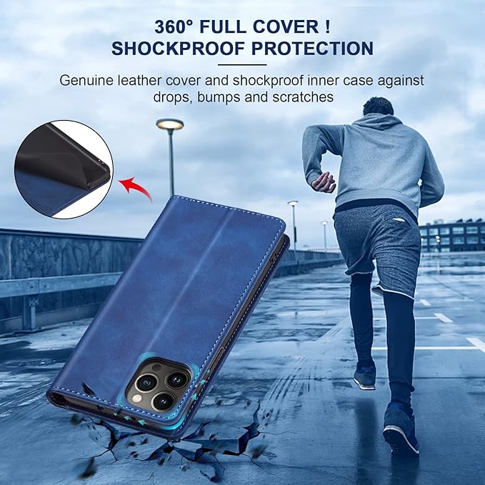 Jasonyu Flip Wallet Case for iPhone 13 Pro Max,Leather Magnetic Folio Cover with Card Holder,Kickstand - TPU Shockproof Durable Protective Phone Case,Blue