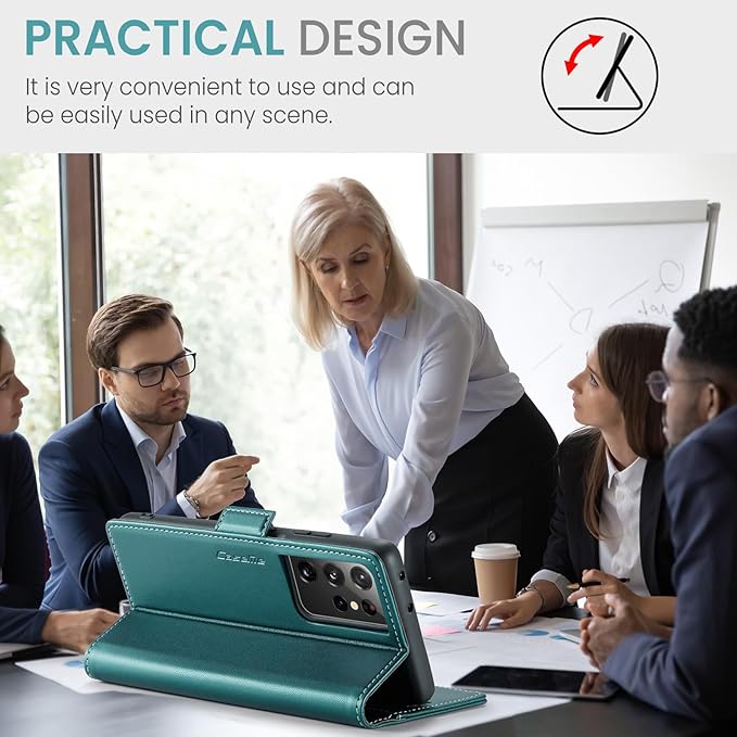 AUPAI for Samsung Galaxy S21 Ultra Wallet Case with Credit Card Holder, PU Leather RFID Blocking Folio Flip Kickstand Magnetic Clasp Protective Phone Cover for Women Men Cyan