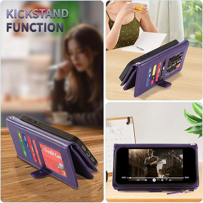 Lacass for Samsung Galaxy S24+ Plus Case Wallet,Compatible with MagSafe 2 in 1 Magnetic Detachable PU Leather RFID Blocking Wallet Cover Card Holder Zipper Wrist Strap Lanyard,Floral Purple