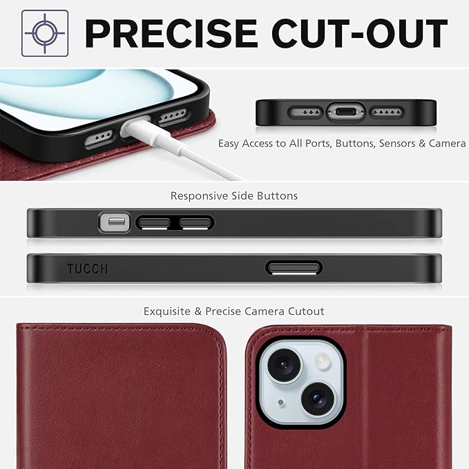 TUCCH Case for iPhone 15 6.1", PU Leather Flip Wallet Case, Stand Folio Cover with [RFID Blocking] [3 Credit Card Slot] Shockproof [Soft TPU Interior Case] Compatible with iPhone 15 5G 2023, Dark Red