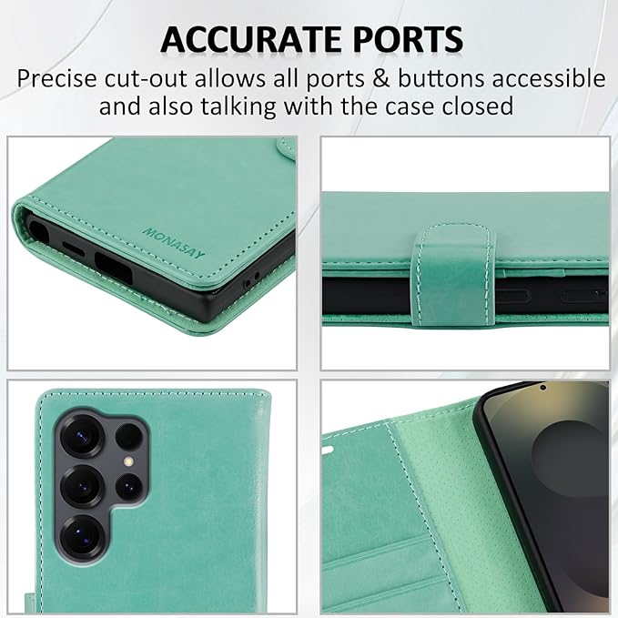 MONASAY Wallet Case Fit for Samsung Galaxy S25 Ultra 6.9 inch, [Lens & Glass Screen Protector Included] [RFID Blocking] Flip Folio Leather Cell Phone Cover with Credit Card Holder, Mint