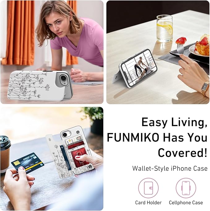 FUNMIKO for iPhone 16e Wallet Case with Card Holder, RFID-Blocking, Military-Grade Protection & UV-Printed Artwork, Magnetic Closure with Leather Kickstand - Elegantly Sketched Flower