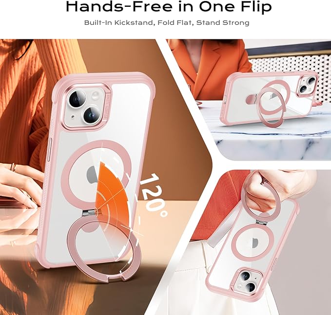 Anqrp O-Ring Magnetic Kickstand Clear Case for iPhone 14/13, Compatible with Mag-Safe, Military-Grade Reinforced 4-Corners Anti-Yellowing Transparent Phone Case Cover for iPhone 13/14, Pink