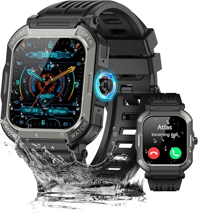 Military Smart Watches for Men (Answer/Make Calls),1.91'' Fitness Smart Watch for Android and iPhone,IP68 Waterproof Fitness Tracker with Step Counter/Sleep Monitor/110+ Sport Modes,Smartwatch for Men