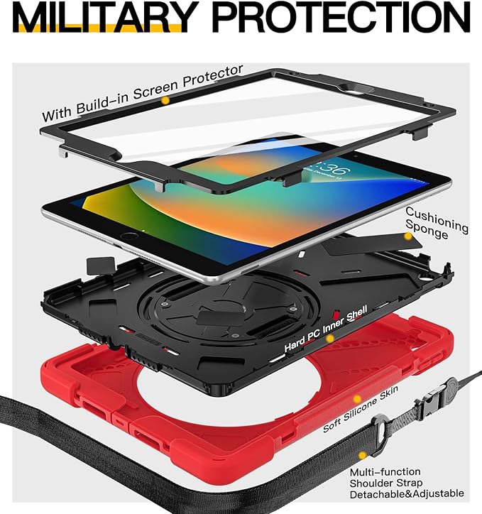 BRAECN for iPad 9th Generation Case, iPad 10.2 Case with Built in Screen Protector, Hand Strap, Swiveling Stand, Shoulder Straps, Heavy Duty Rugged Case for iPad 8th/7th Gen 10.2 Inch-Red