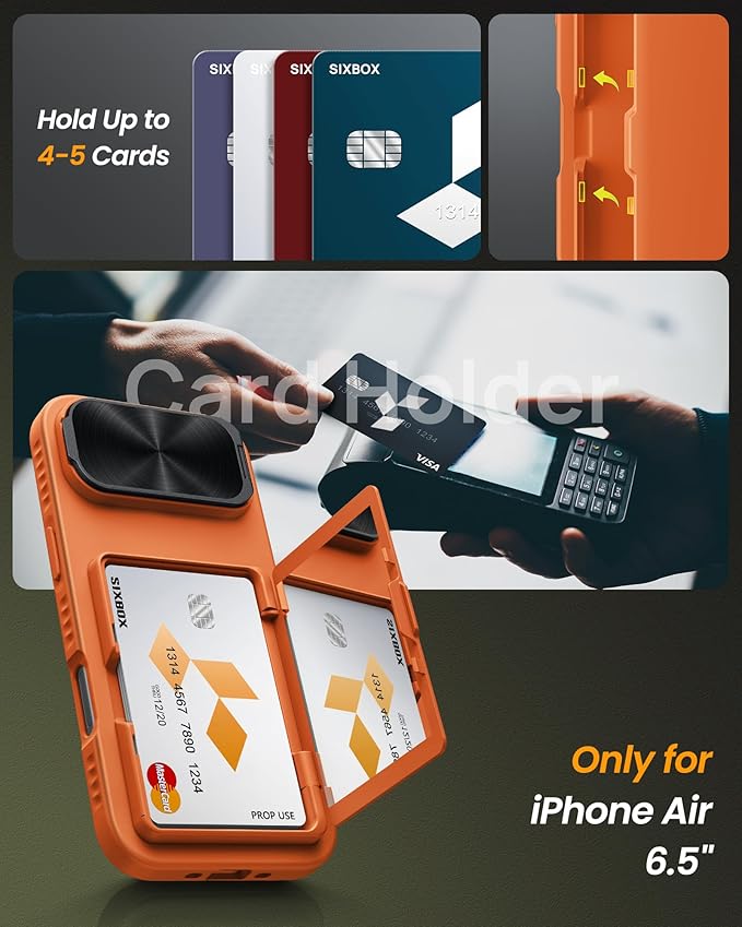 for iPhone Air Case with Credit Card Holder, Built-in Camera Cover Stand, Silicone Bumper Raised Edge Multifunctional Wallet Full Body Protective Phone Cover Case for iPhone Air 2025, Orange