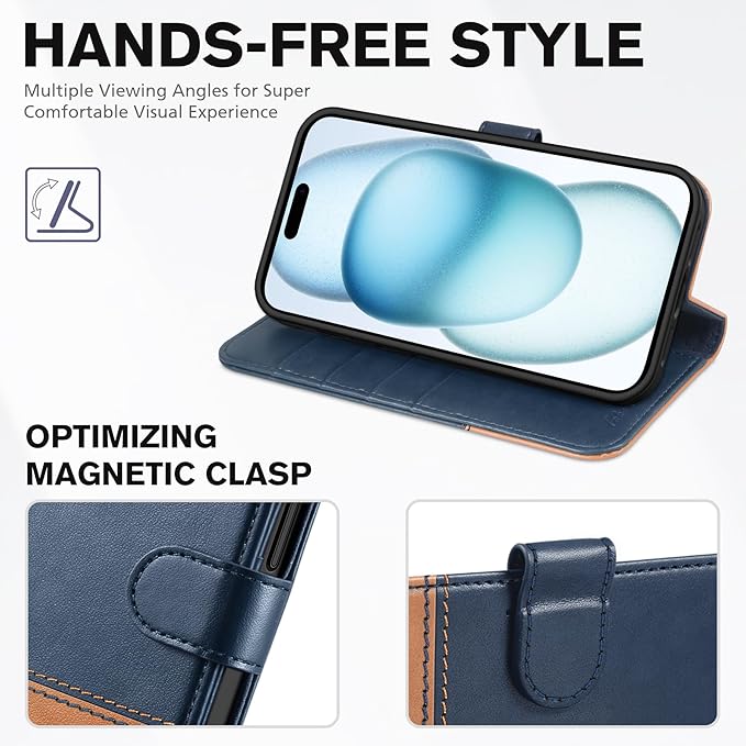 TUCCH Case Wallet Compatible with iPhone 15 6.1", Protective [TPU Shockproof Inner Shell], PU Leather [RFID Blocking] [4 Card Holder] Magnetic Closure Stand Flip Cover, Dark Blue & Light Brown