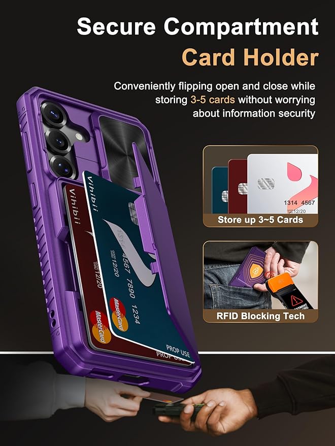 Vihibii for Samsung Galaxy S25 Wallet Case, Built-in Card Holder (4 Cards), [RFID Blocking] & Slide Camera Cover, Military Grade Drop Protection, Rugged Case for Samsung Galaxy S25 6.2", Dark Purple