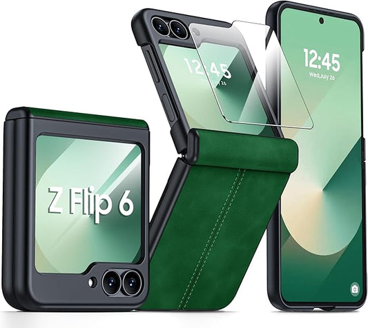for Samsung Galaxy Z Flip 6 Case/Z Flip 7 FE Case with Hinge Protection & Built-in Screen Protector, Ultra Thin Leather Shockproof Cover Phone Case for Galaxy Z Flip 6/Z Flip 7 FE-Green