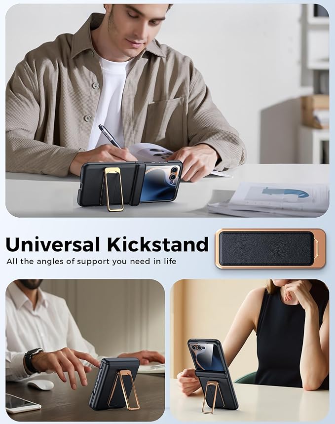 for Motorola Razr 2025 Case/Razr 2024 Case, Built-in Screen Protector & Hinge Protection & 360° Spin Stand & Hand Strap, Slim Genuine Leather Shockproof Phone Case for Razr 2025/2024(Black)