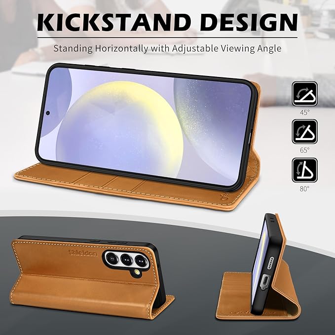 SHIELDON Case for Galaxy S25 Plus 5G, Genuine Leather Wallet Case, RFID Blocking Credit Card Holder Kickstand Magnetic Folio Protective Cover Compatible with Galaxy S25+ 6.7" - Retro Light Brown
