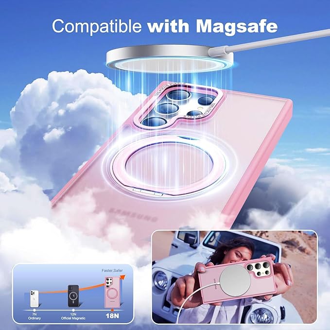 Compatible with Samsung Galaxy S24 Ultra Case with 360Rotatable Magnetic Ring Stand Compatible with Mag-Safe Military Protection Matte Translucent Phone Cases for S24 Ultra 6.8",Pink