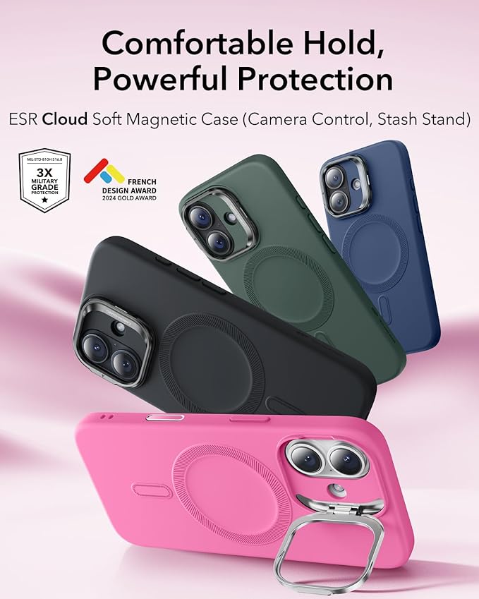 ESR Silicone Case for iPhone 17, Built-in Camera Stash Stand Compatible with MagSafe, Military-Grade Drop Protection Magnetic Phone Case for iPhone 17, Cloud Series, Rosy Pink