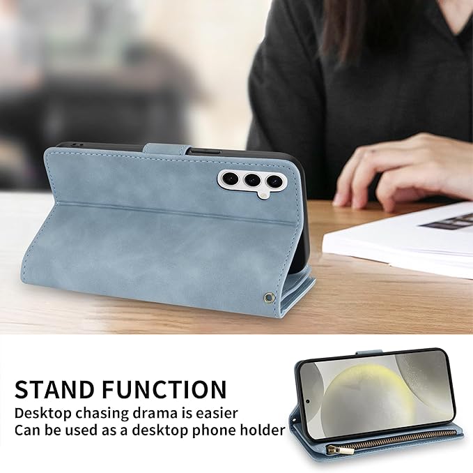 ZZXX for Samsung Galaxy S24 Wallet Case with RFID Blocking Card Slot PU Leather Zipper Flip Folio with Strap Kickstand Protective Cover for Samsung Galaxy S24 Case Wallet(Light Blue-6.2 inch)