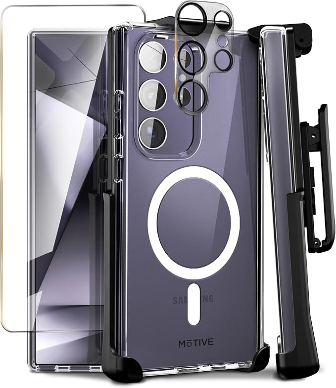 MOTIVE Compatible with Samsung Galaxy s24 Ultra Case with Belt Clip, [Military Grade Drop Protection] with Screen Protector & Camera Lens Protector, s24 Ultra Holster Case 6.8” | Clear