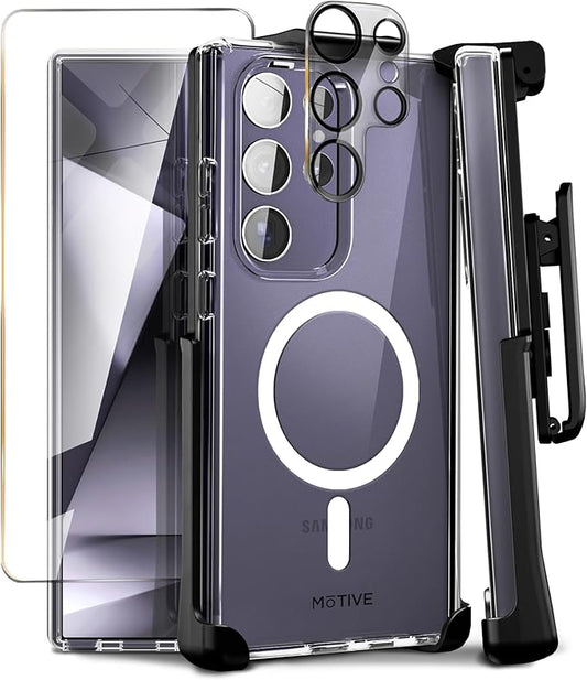 MOTIVE Compatible with Samsung Galaxy s24 Ultra Case with Belt Clip, [Military Grade Drop Protection] with Screen Protector & Camera Lens Protector, s24 Ultra Holster Case 6.8” | Clear