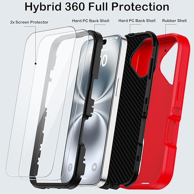 for iPhone 16 Case with 2 Screen Protectors,Heavy Duty Shockproof Drop Protection Military Grade Tri-Layer Rugged Cell Phone Cover with Built-in Invisible Kickstand for Apple 16 6.1“ (Red)