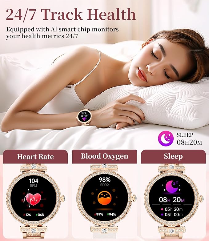 Diamond Smart Watch for Women(Buletooth Call), 1.19" AMOLED HD Display, 100+ Sports Mode Fitness Tracker Watch, 5ATM Waterproof/Pedometer/Sleep Smartwatch Women, iOS Android Smart Watches