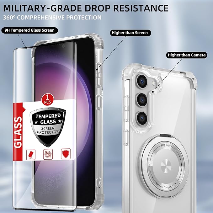 for Samsung Galaxy S23 Case Magnetic Compatible with MagSafe Wireless charging,with 360°Kickstand Ring,for S23 Phone Case with Screen Protector, Military Grade Drop Protection Shockproof Clear