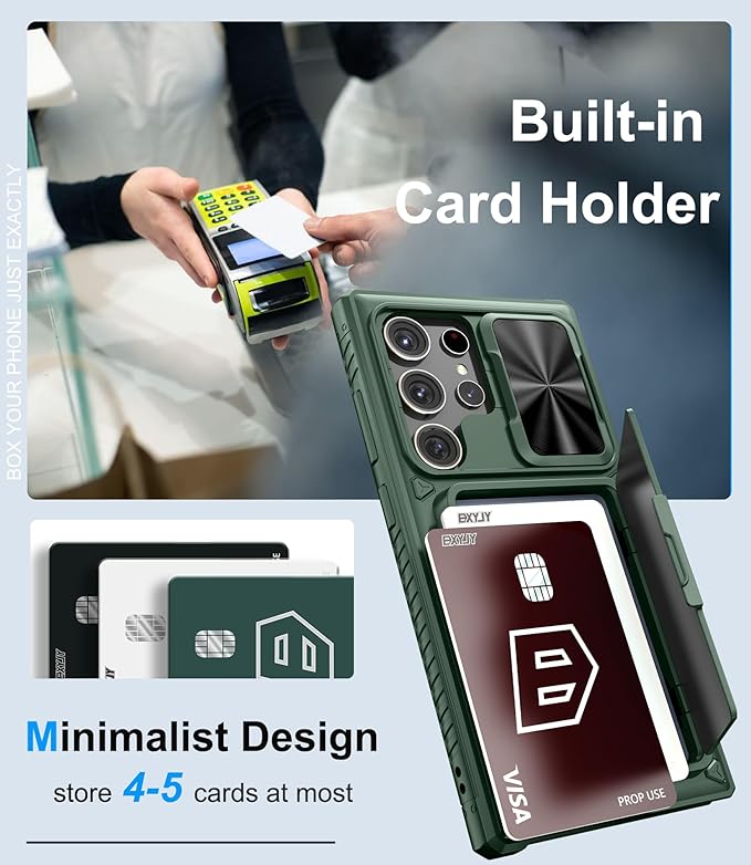 for Samsung Galaxy S23 Ultra Case with Card Holder (Store 4-5 Cards) & Kickstand & Slide Lens Cover, Military Grade Drop Protection, Rugged Silicone Wallet Case for Samsung S23 Ultra, Green