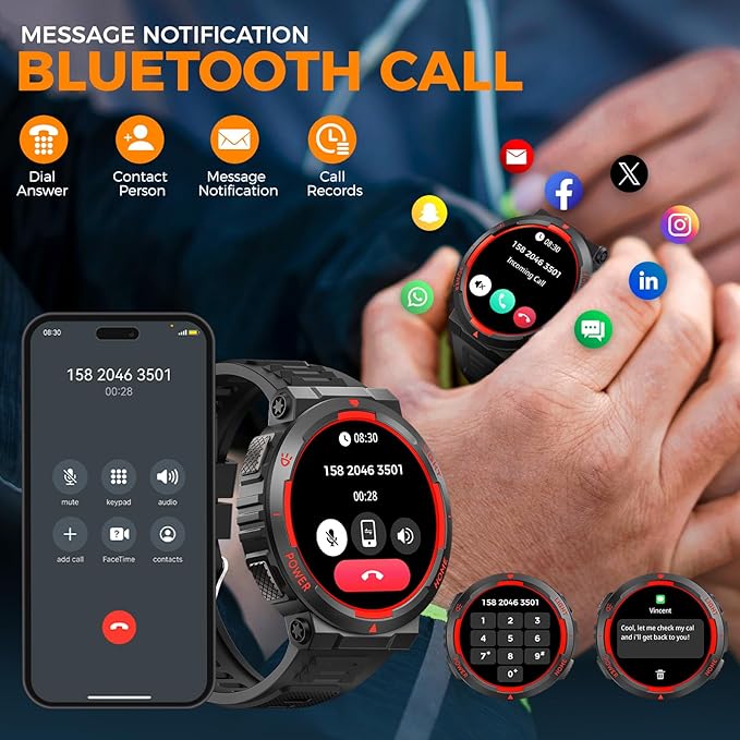 Military Smart Watch for Men(Answer/Make Call), Rugged Smartwatch with LED Flashlight/3ATM Waterproof/400mAh Battery/100+ Sports Modes/Heart Rate/Sleep Monitor, Fitness Tracker for iOS Android