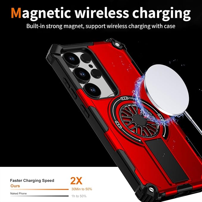 Magnetic Case for Galaxy S24 Ultra, Built-in Stand [Compatible with Mag-Safe] Shockproof Protective Cover Case for Samsung Galaxy S24 Ultra Red