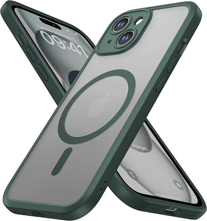 ImpactStrong Magnetic Guard Designed for iPhone 15 Case [Camera Protection] [Military Grade Drop Tested] [Compatible with MagSafe] Slim Translucent Matte Phone Case (6.1") - Dark Green