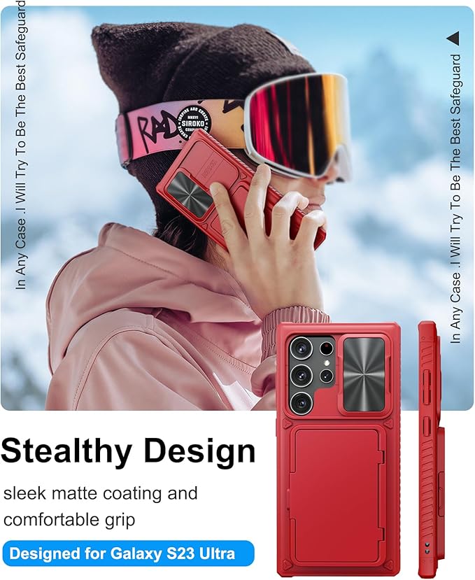 for Samsung Galaxy S23 Ultra Case with Card Holder (Store 4-5 Cards) & Slide Camera Cover & Kickstand, Military Grade Drop Protection, Shockproof Wallet Cases for Samsung S23 Ultra, Red