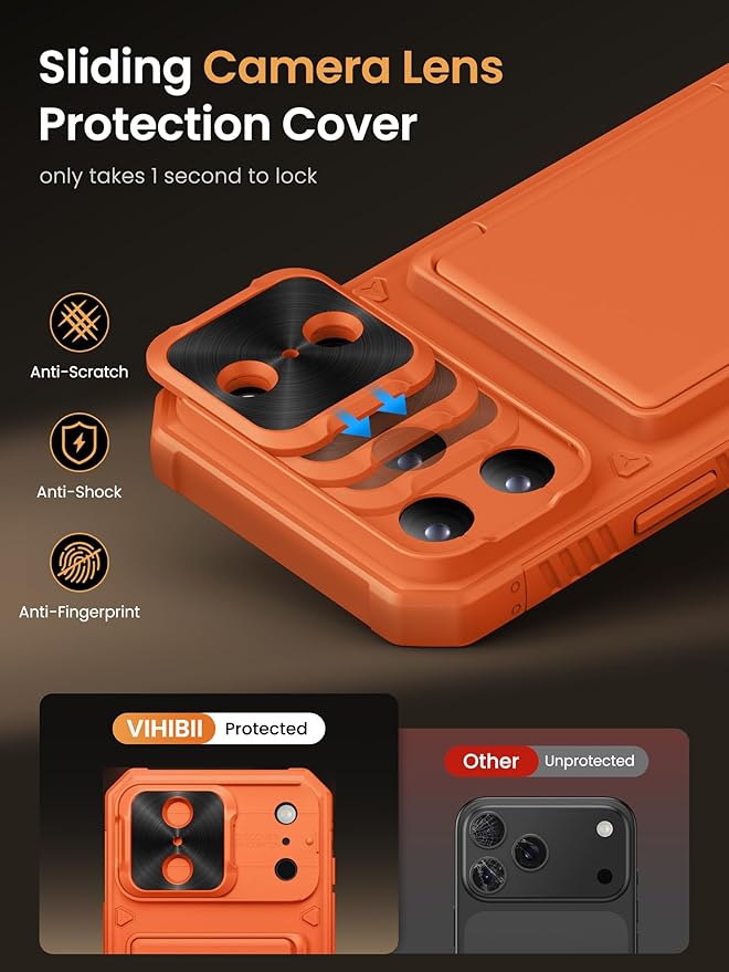 Vihibii for iPhone 17 Pro Max Case with Card Holder (4 Cards) [RFID Blocking] & Slide Camera Cover, Military Grade Drop Protection, Rugged Hard Back & Silicone Edge Wallet Phone Case 6.9" 2025, Orange