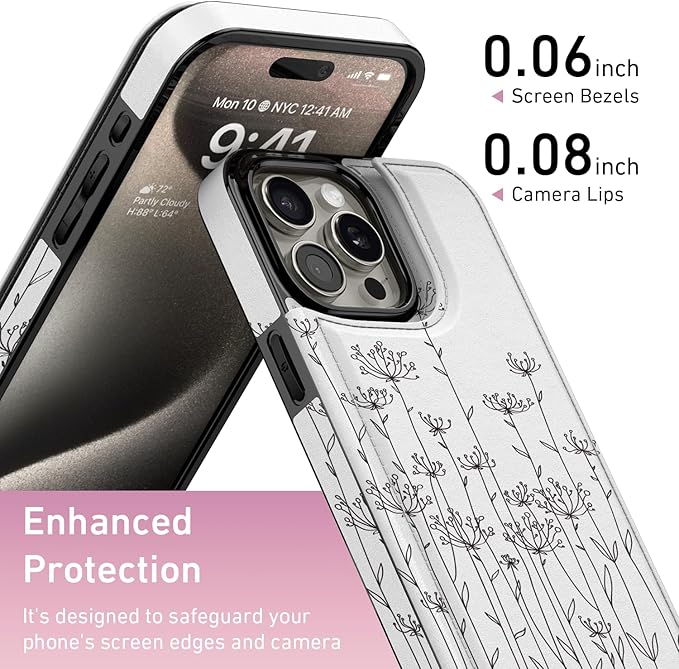 FUNMIKO for iPhone 13 Pro Max Wallet Case with Card Holder, RFID-Blocking, Military-Grade Protection & UV-Printed Artwork, Magnetic Closure with Leather Kickstand - Elegantly Sketched Flower