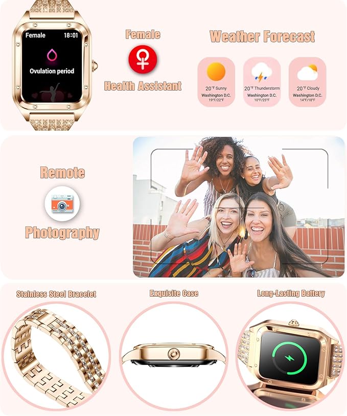 Smart Watch for Women, 1.59'' Full Touch Women's Smartwatch with Female Health Tracking, Fitness Tracker Heart Rate Monitor, Waterproof Sports Smartwatch for Android iOS (Gold Steel RT-i98)