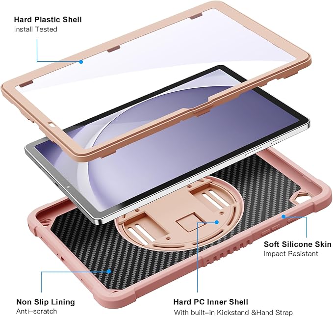 ZtotopCases for Samsung Galaxy Tab A9+ / A9 Plus 11'' 2023 (SM-X210/X216/X218), Shockproof Hard Duty Case with Screen Protector+360 Rotating Hand Strap&Stand+Shoulder Strap for Tab A9+ Tablet, Pink