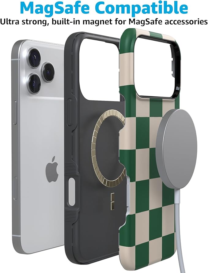 Casely iPhone 17 Pro Case | Fit Check | Green Checkerboard | Compatible with MagSafe | Bold Protective Design