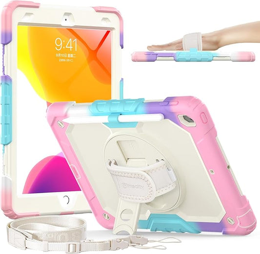 Timecity Case for iPad 9th/ 8th/ 7th Generation 10.2 inch - Heavy Duty Protective Cover with Screen Protector, Rotating Stand, Shoulder Strap & Pencil Holder | Kids-Friendly (Pink Camo)