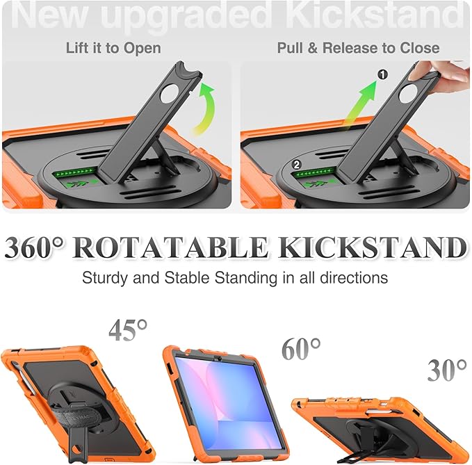 SEYMAC stock Case for Samsung Galaxy Tab S10 FE+ Plus 5G Tablet Case 13.1'' Protective with Screen Protector, Pencil Holder, 360 Rotating Stand, Hand Strap, Shoulder Strap, Black+Orange