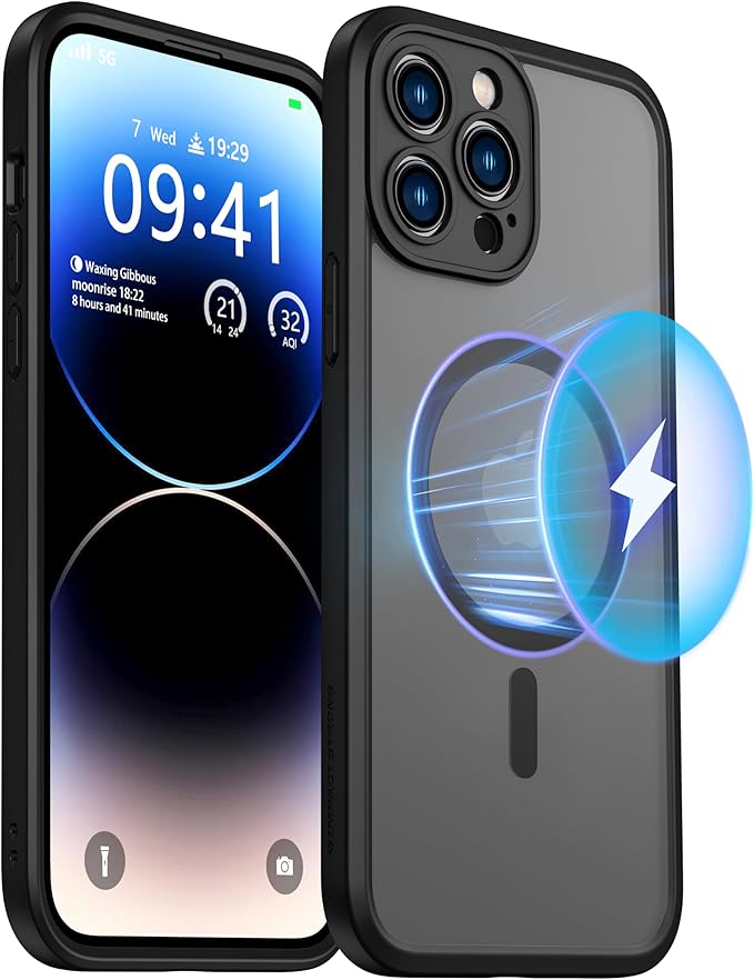 ImpactStrong Magnetic Guard Designed for iPhone 14 Pro Case [Camera Protection] [Military Grade Drop Tested] [Compatible with MagSafe] Slim Translucent Matte Phone Case (6.1") - Black