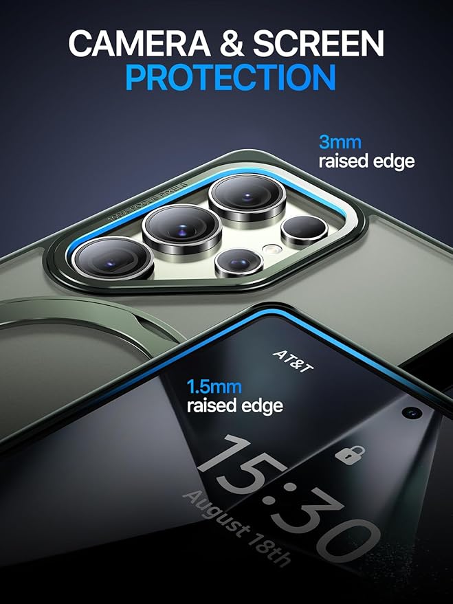 QTlier Phone case for Galaxy S25 Ultra- 360 Rotatable Magnetic Ring Stand, Military-Grade Protection, Raised Camera Frame Green