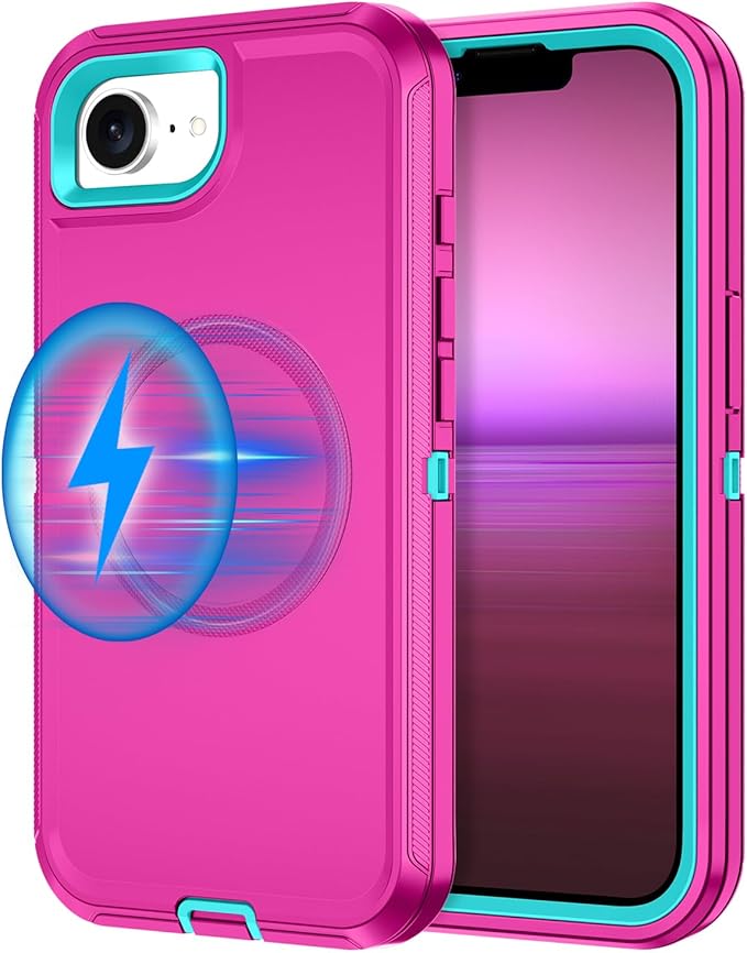 for iPhone 16e Case [Compatible with MagSafe] Shockproof 3-Layer Full Body Protection [Without Screen Protector] Rugged Heavy Duty Cover Case for Apple iPhone 16e 6.1" 2025,Rose Red/Green