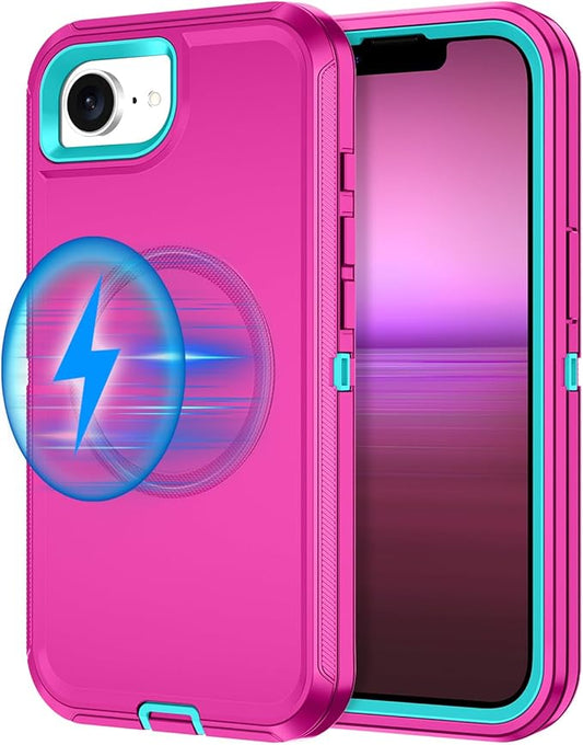 for iPhone 16e Case [Compatible with MagSafe] Shockproof 3-Layer Full Body Protection [Without Screen Protector] Rugged Heavy Duty Cover Case for Apple iPhone 16e 6.1" 2025,Rose Red/Green