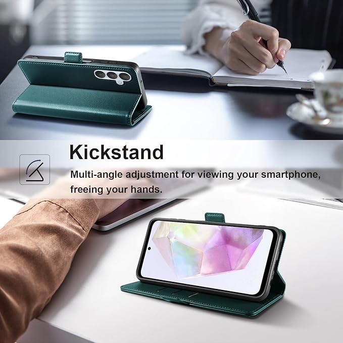 Wallet Flip Case for Samsung Galaxy A35 5G - [RFID Blocking] Luxury PU Leather Card Holder Magnetic Phone Cover with Kickstand,Shockproof Protective Case,Green