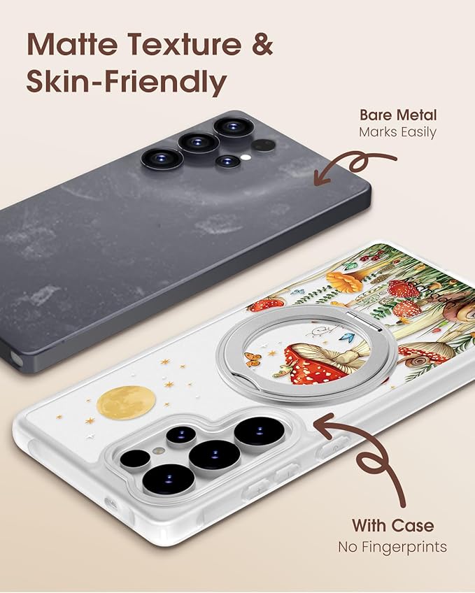 for Samsung Galaxy S25 Ultra Case with 360° Rotatable Magnetic Ring - Compatible with MagSafe, Semi-Transparent Soft-Touch Material Shockproof, Cute Mushroom & Butterfly Design for Women Girl