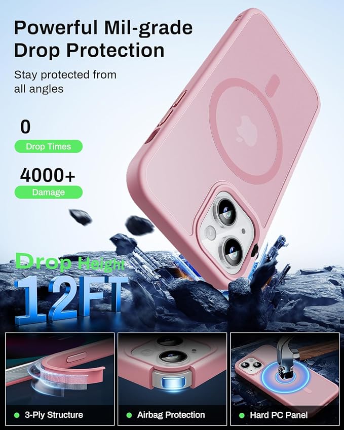 Magnetic for iPhone 13 Case & iPhone 14 Case, Compatible with MagSafe, Military Grade Drop Protection, Slim Fit Shockproof Anti-Fingerprint Translucent Matte Phone Protective Cover, Pink