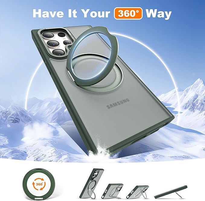 Compatible with Samsung Galaxy S22 & S23 Ultra Case with 360Rotatable Magnetic Ring Stand Compatible with Mag-Safe Military Protection Shockproof Translucent Phone Case,Dark Green