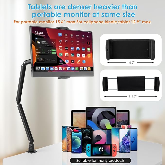 Tablet Stand Holder for ipad,Kindle,Portable Monitor Stand Holder 15.6'' Max,Foldable Tablet Mount Arm for ipad with 360°Rotate Base,Fits for Cell Phone,Kindle,Tabs 12.9'' Max(Not Over 2.65lb)