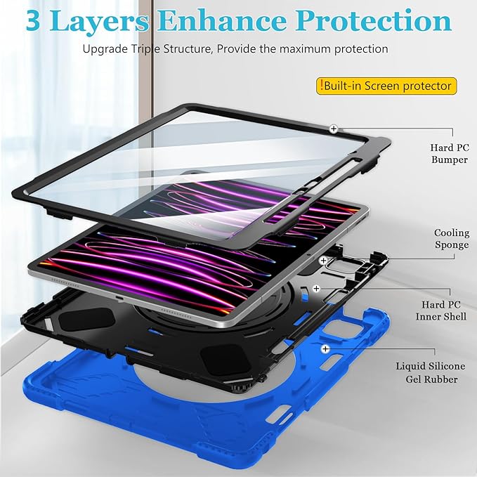 Case for iPad Pro 12.9 2022/2021/ 2020/2018: Cover for iPad Pro 12.9 6th/ 5th/ 4th/ 3rd Generation with Screen Protector- Stand- Pencil Holder- Handle- Shoulder Strap Blue
