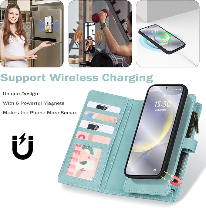 TwoHead for Samsung Galaxy S24 Wallet Case with Card Holder, Detachable Magnetic Phone Case for S24,PU Leather All-Round Protective Phone Case Wallet with Wrist Strap,Blue