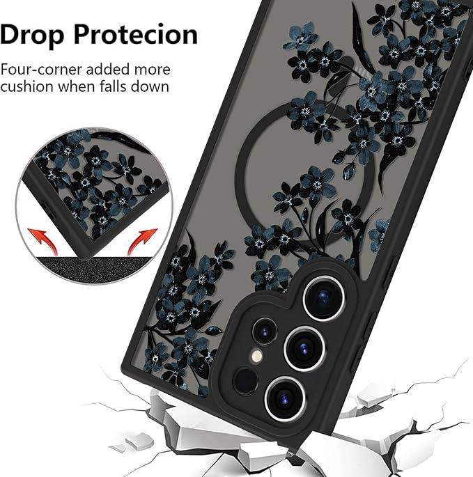 Fiyart Designed for Samsung Galaxy S24 Ultra Case Matte Flowers Design Compatible with MagSafe Wireless Charging,Cute Floral Anti-Scratch Translucent Phone Cover for Women Girls 6.8"-Black