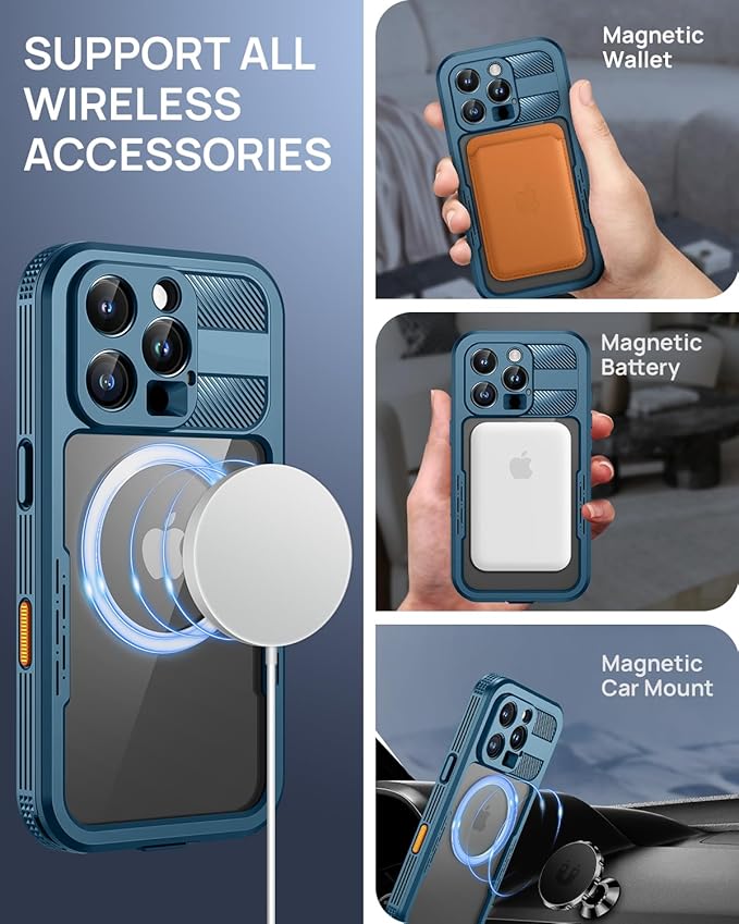 Lanhiem Magnetic for iPhone 16 Pro Case, IP68 Waterproof Dustproof Case, [Compatible with Magsafe] [Built-in Screen Protector] Full Body Heavy Duty Rugged Phone Cover 6.3 inch, Blue/Clear